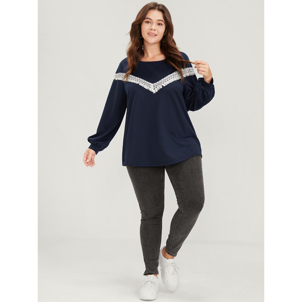 Plus Size Plain Round Neck Contrast Lace Drop Shoulder Sweatshirt Women Midnight Casual Contrast Round Neck Dailywear Sweatshirts BloomChic 26/4X Product Image