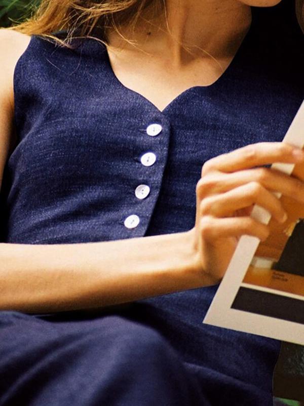 Solid Color  Sleeveless Buttoned Deep V-Neck Vest Top + Pleated Straight Leg Pants Bottom Two Pieces Set Product Image