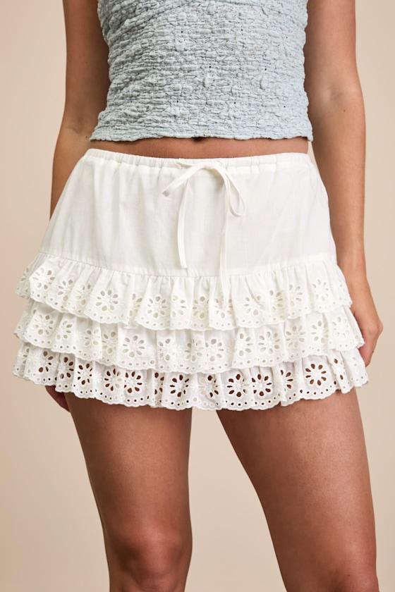 Breya Ivory Cotton Eyelet Embroidered Tiered Mini Skort Product Image