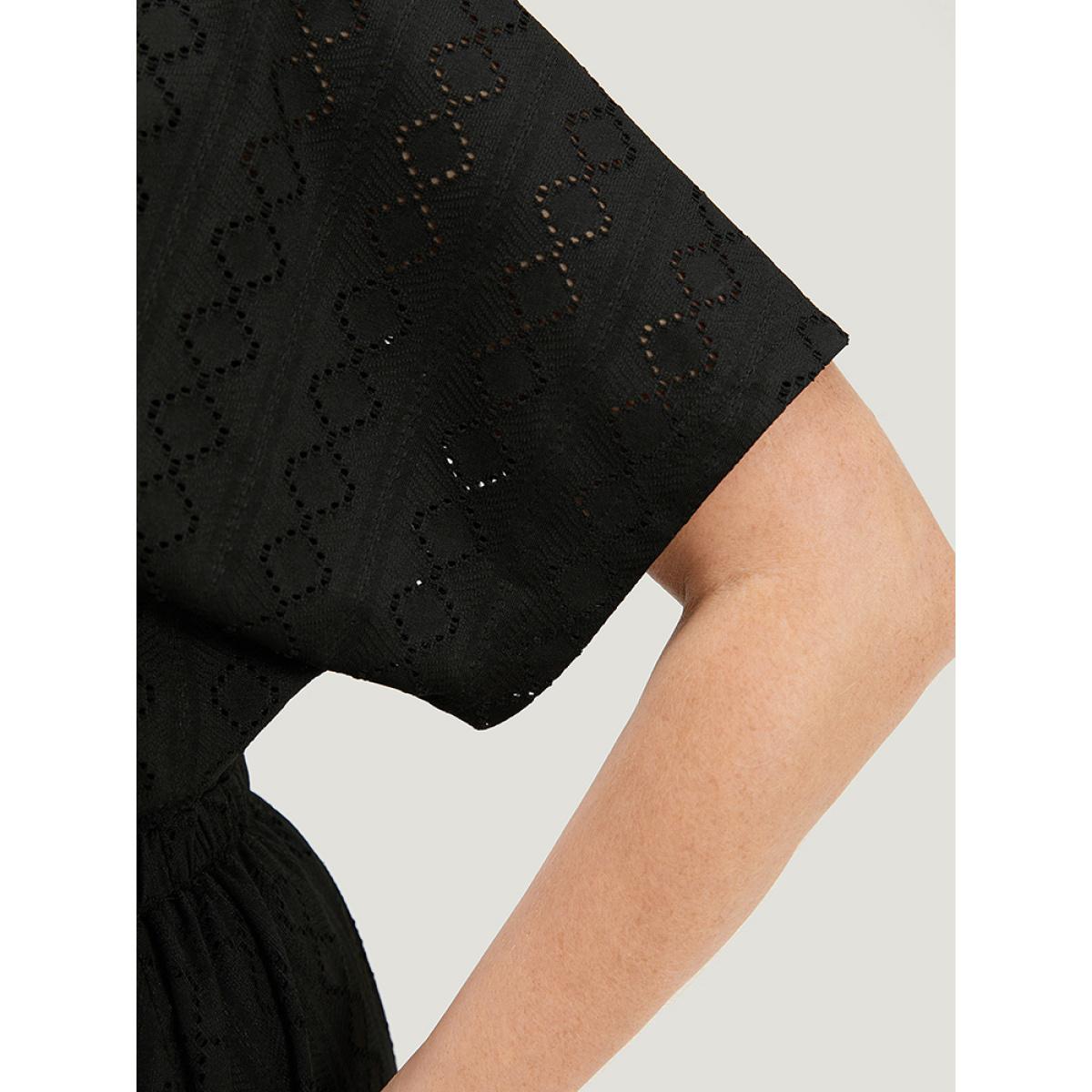 Plus Size Plain Geo Eyelet Batwing Sleeve Elastic Waist Dress Black Women Casual Texture Round Neck Short sleeve Curvy Midi Dress BloomChic 28/5X Product Image