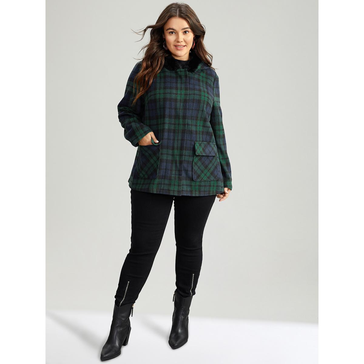 Plus Size Plaid Button Fly Hooded Fuzzy Trim Coat Women Emerald Casual Contrast Ladies Dailywear Winter Coats BloomChic 12/L Product Image
