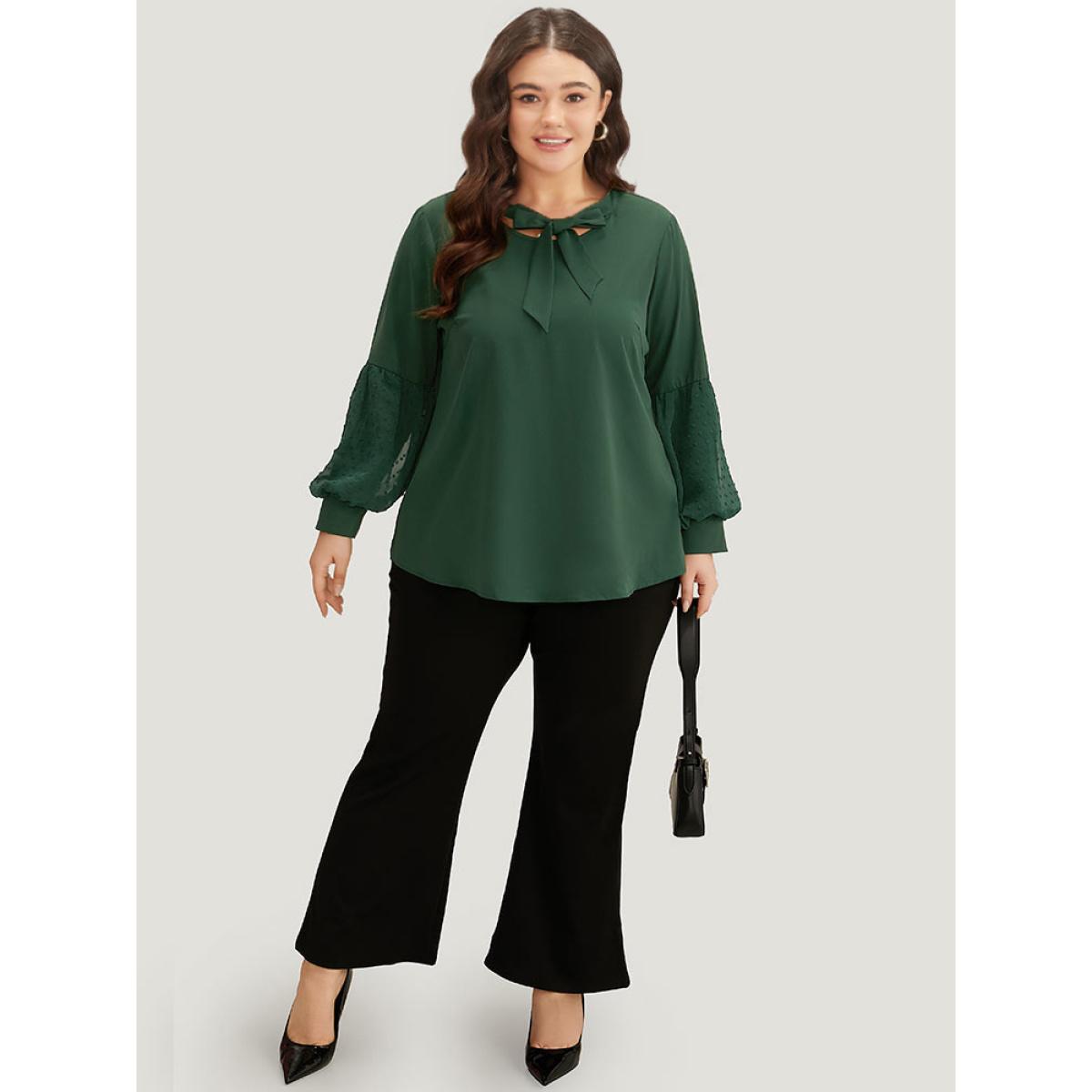 Plus Size DarkGreen Knot Neck Lace Patchwork Lantern Sleeve Blouse Women Office Long Sleeve Tie Neck Office Blouses BloomChic 14-16/1X Product Image
