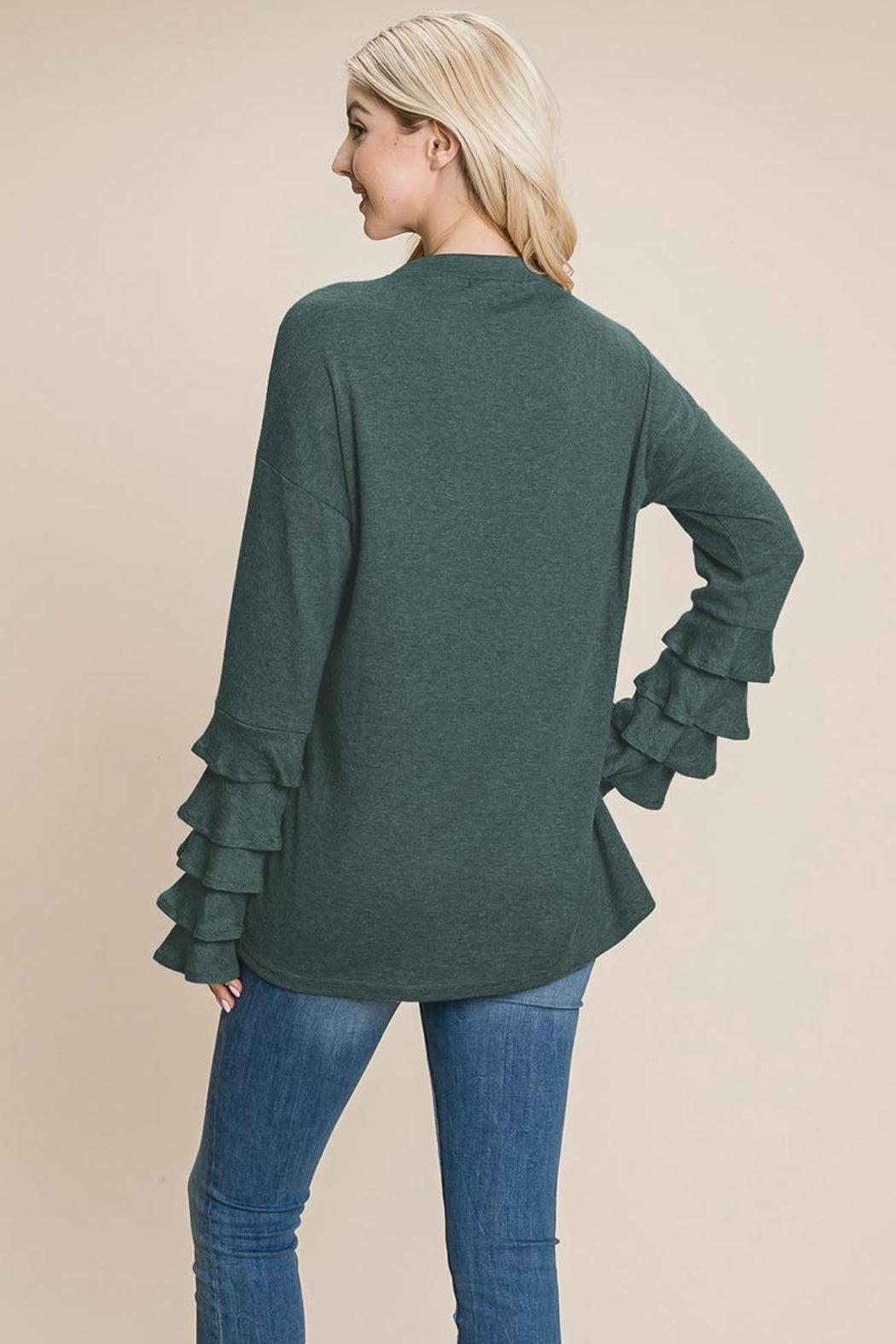 Long Sleeve Ruffle Layered Shirred Sweaters Shirts Product Image