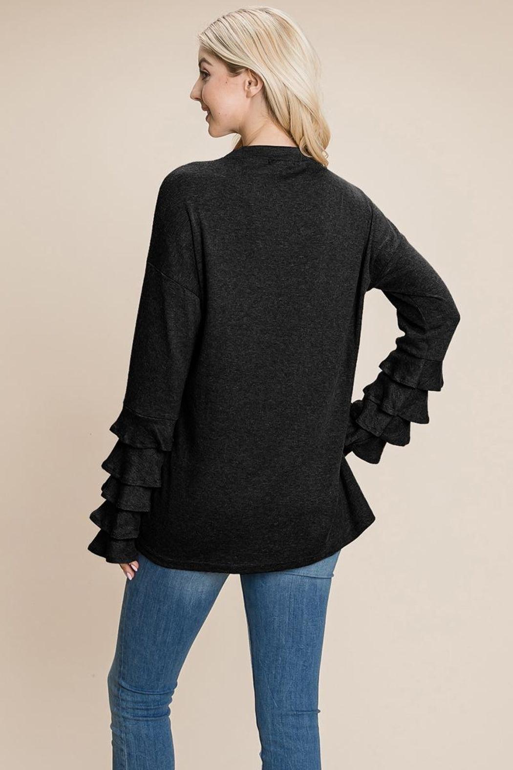 Long Sleeve Ruffle Layered Shirred Sweaters Shirts Product Image