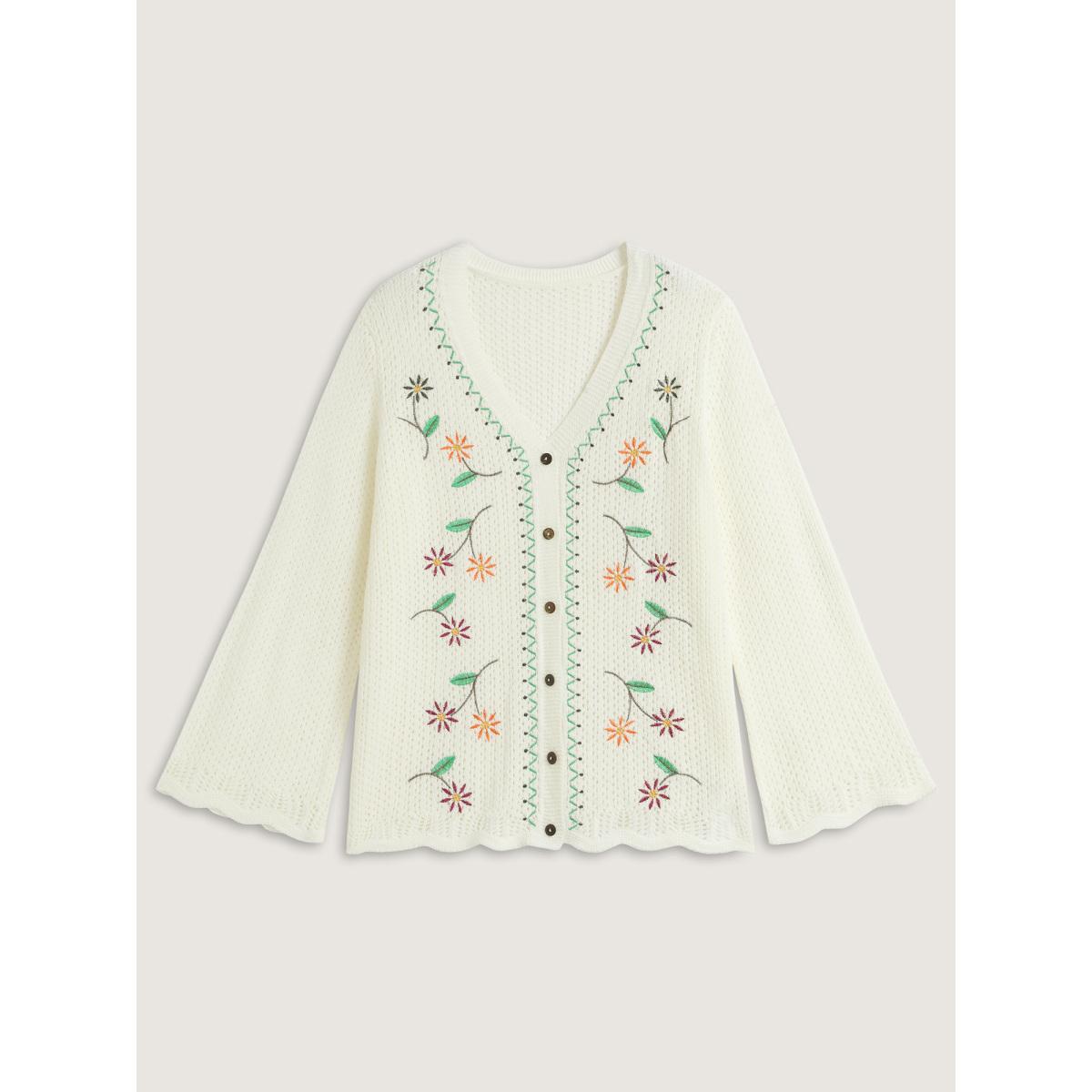 Plus Size Floral Embroidery Flared Sleeve Knit Cardigan Ivory Women Resort Loose Long Sleeve Vacation Cardigans BloomChic 22-24/3X Product Image