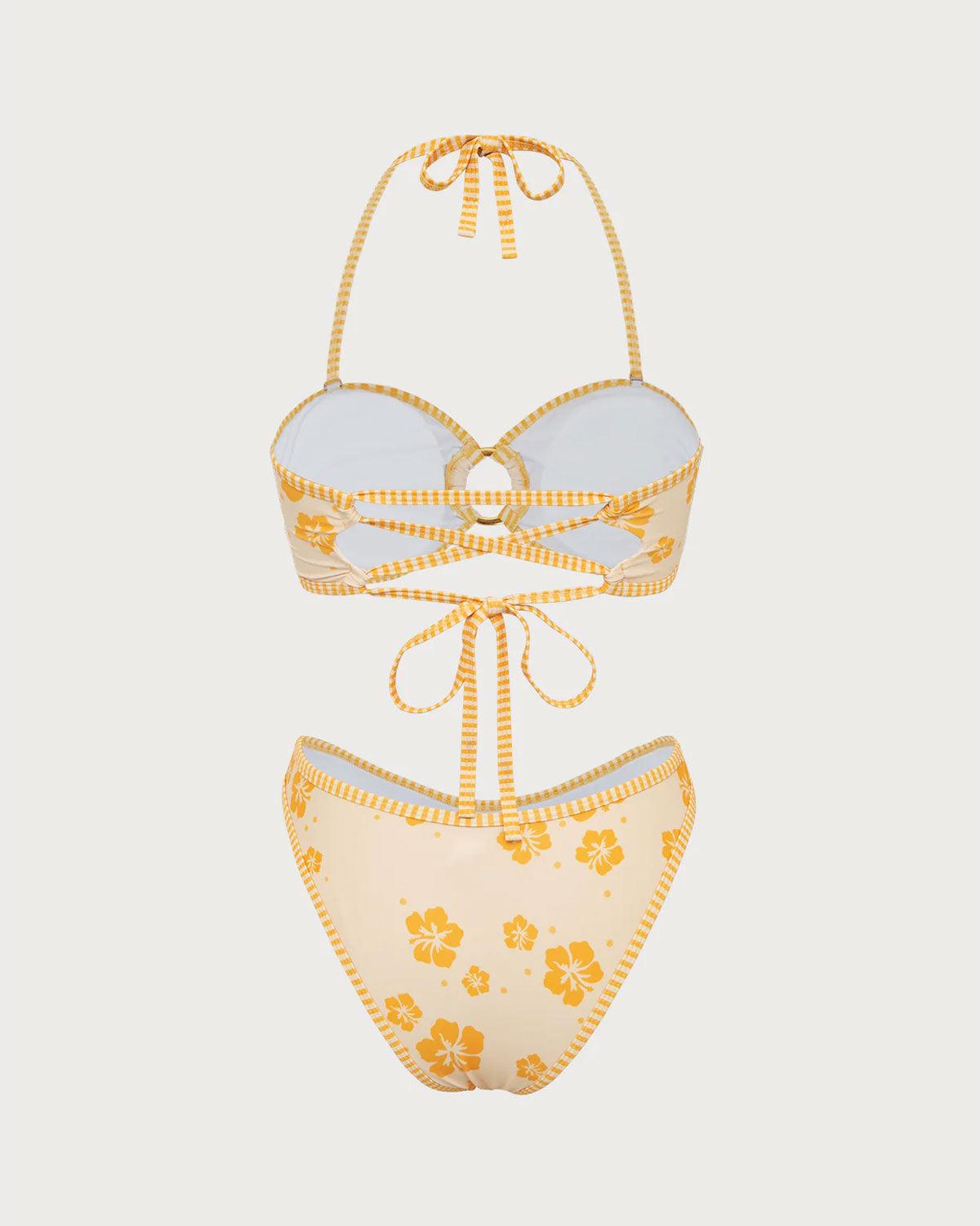Yellow Floral Contrast Hoop Bikini Set Product Image
