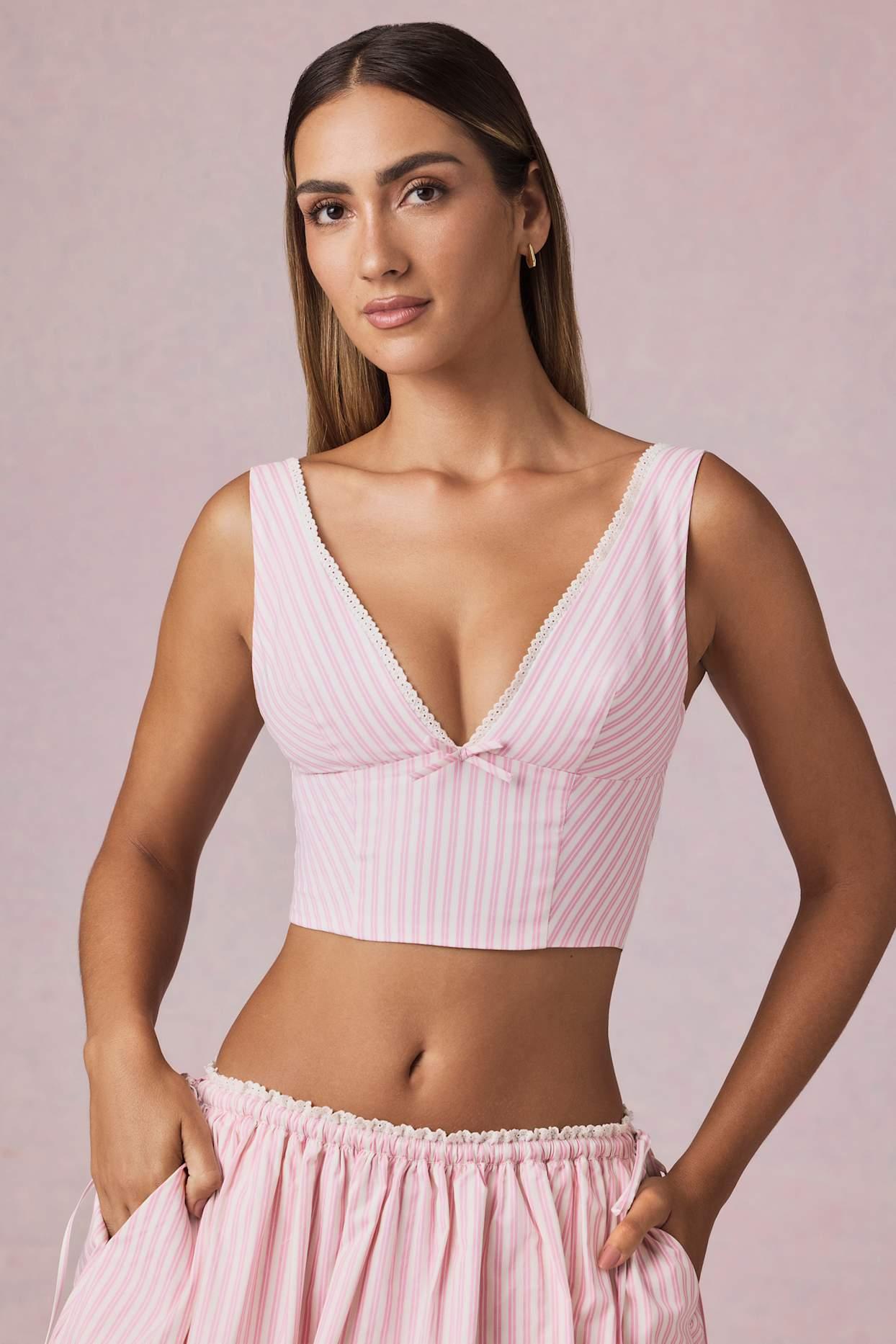 Bow-Detail Crop Top in Soft Mauve Stripe Product Image