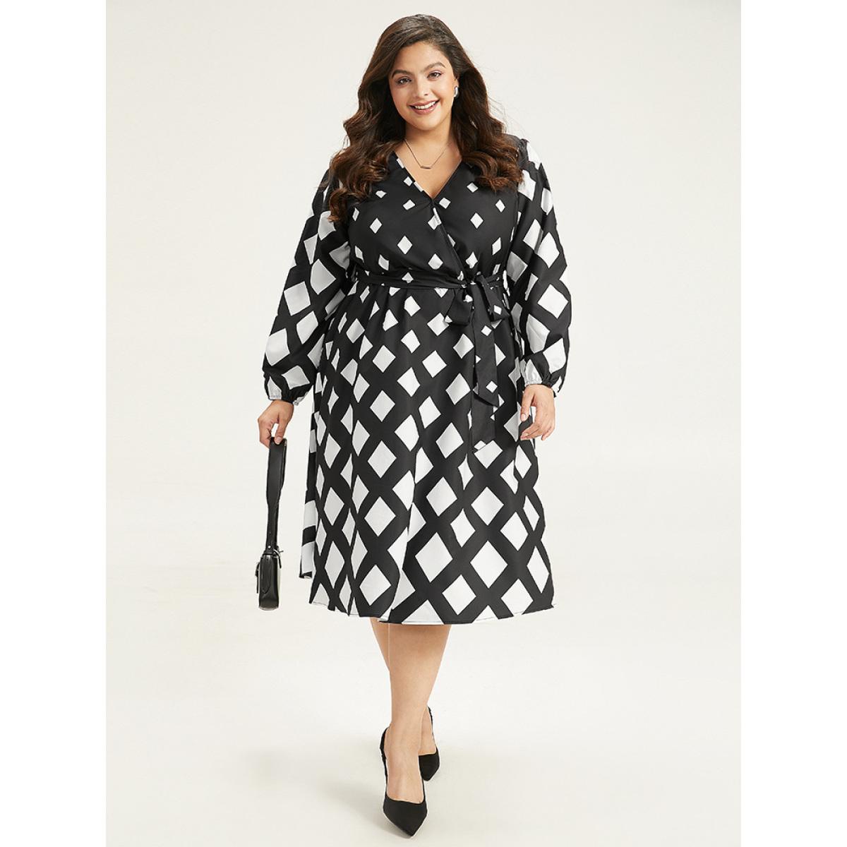 Plus Size Geometric Print Belted Lantern Sleeve Dress BlackFlower Women Office Elastic cuffs V-neck Long Sleeve Curvy Midi Dress BloomChic 26/4X Product Image