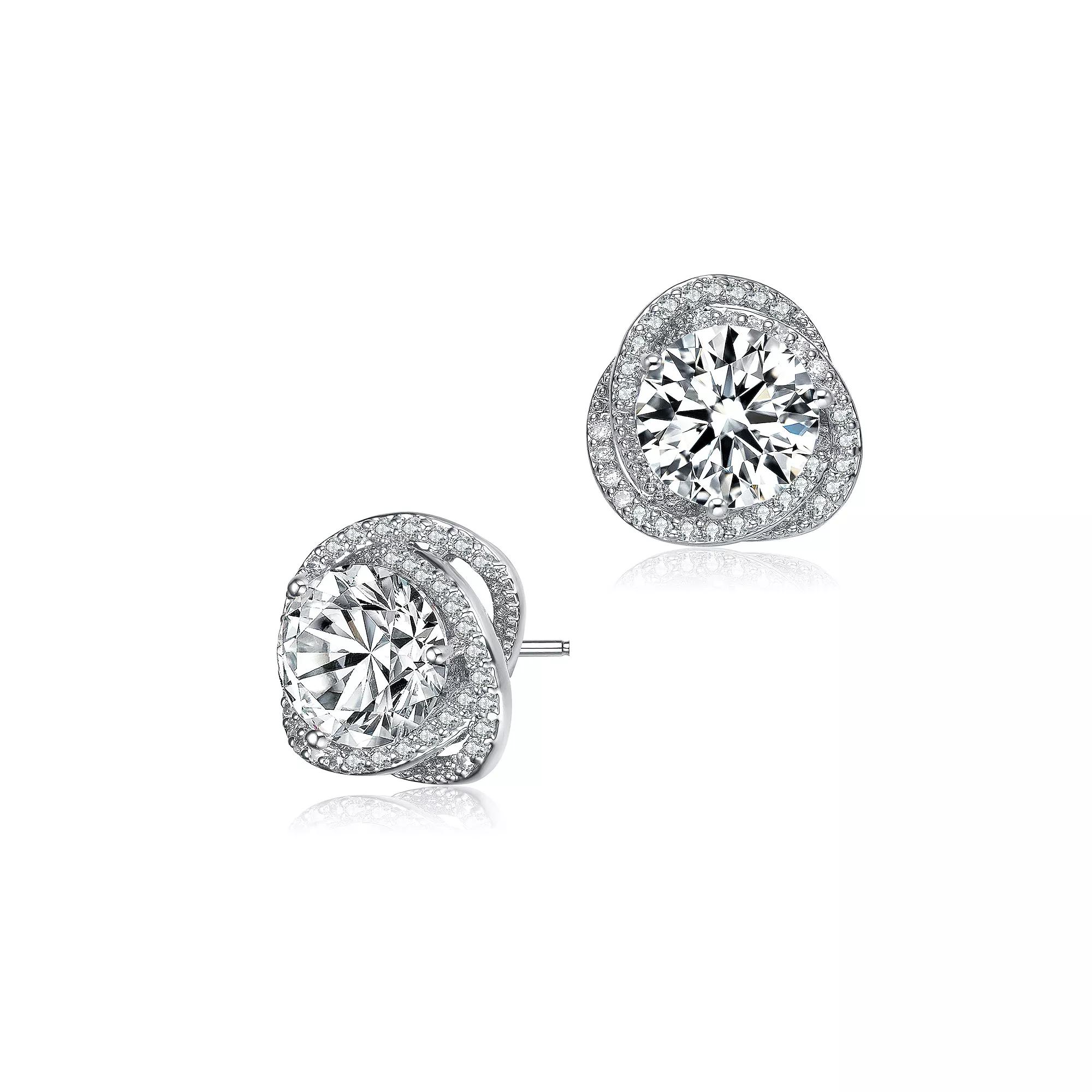 Sterling Silver Round Cubic Zirconia Swirl Halo Stud Earrings, Womens Product Image