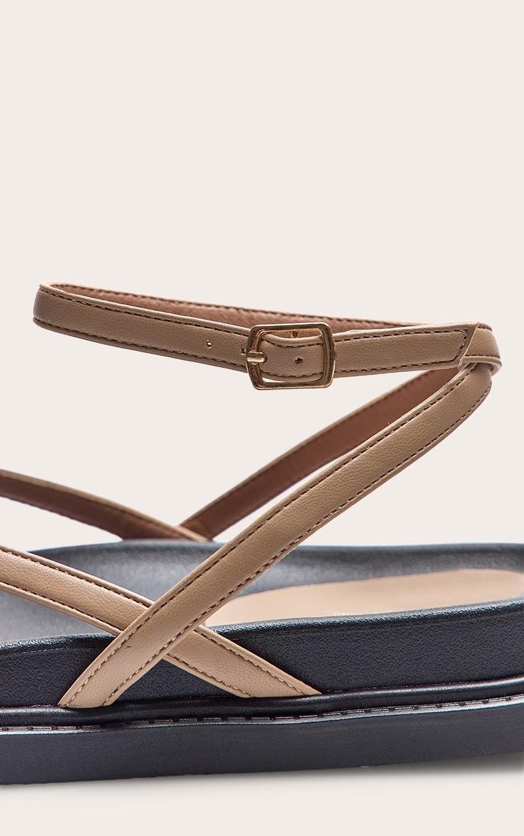 Beige Pu Round Toe Thong Footbed Ankle Strap Flat Sandals Product Image