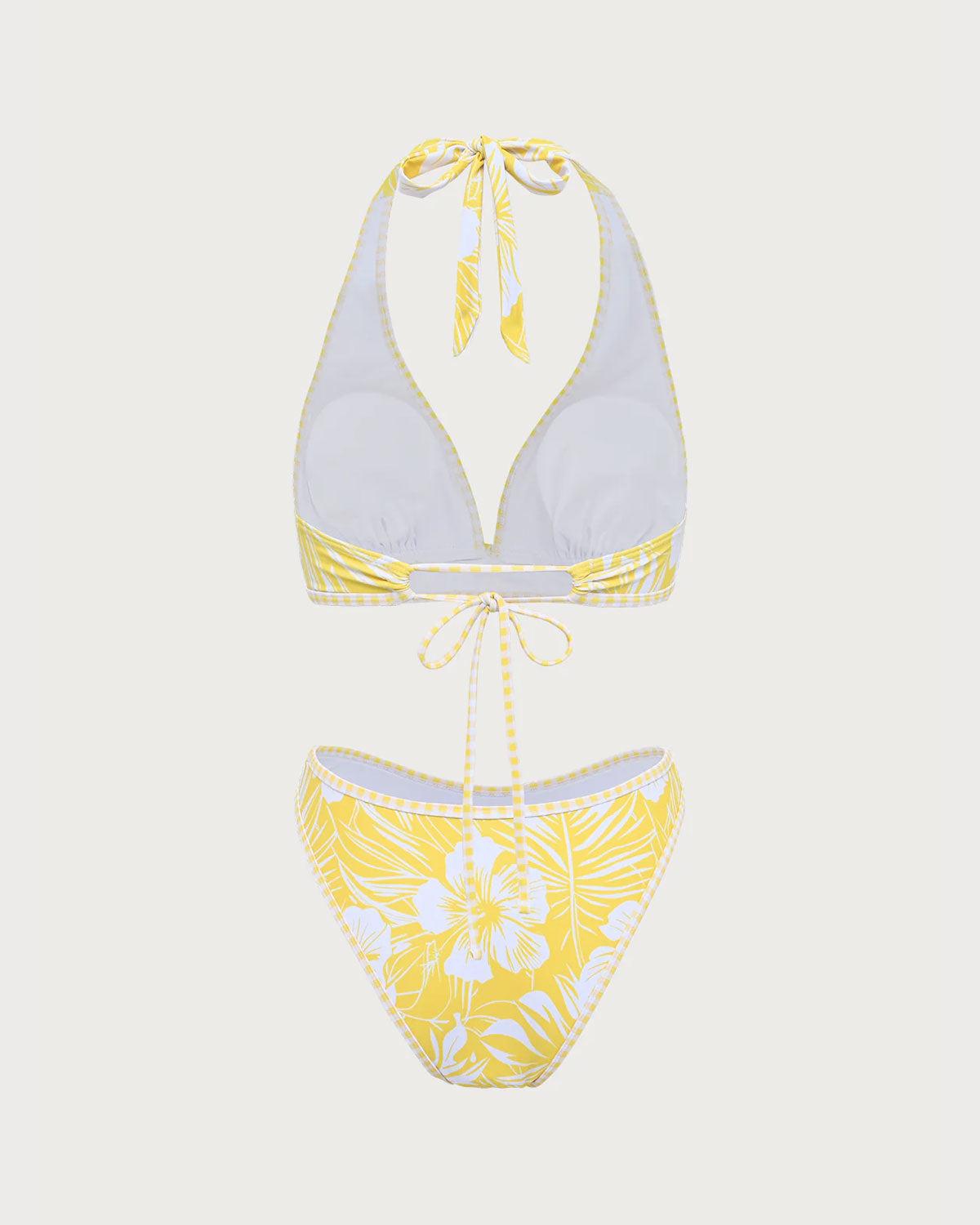 Yellow Knit Tropical Print Bikini Set Product Image
