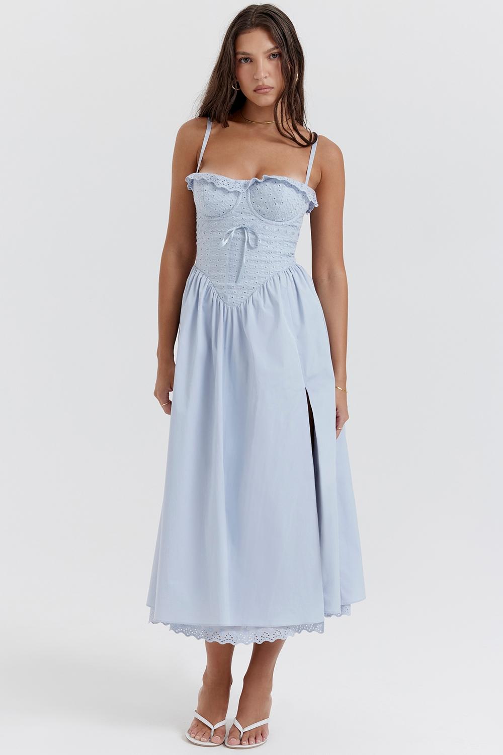 Jaime  soft blue cotton broderie anglais midi sundress Product Image