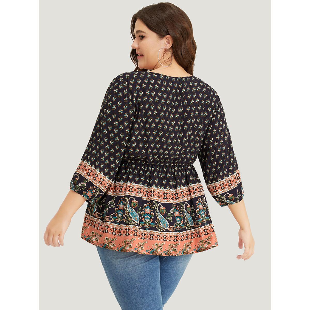 Plus Size Indigo Bandana & Paisley Print Lantern Sleeve Knot Neck Ruffle Blouse Women Vacation Elbow-length sleeve Tie Neck Dailywear Blouses BloomChic 12/L Product Image