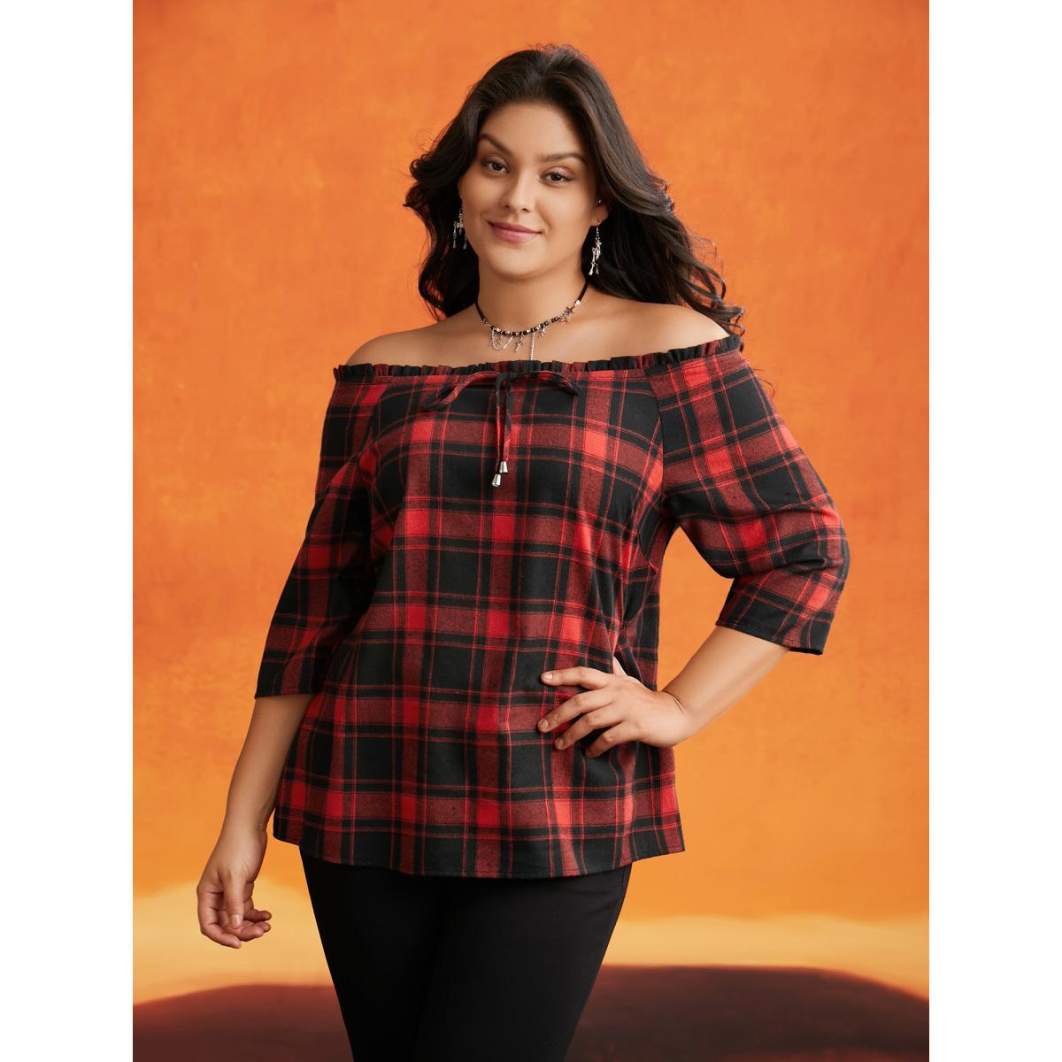 Plus Size Scarlet Mystic Off-Shoulder Slimming Tie Plaid Blouse Women Elegant Elbow-length sleeve One-shoulder neck Everyday Blouses BloomChic 10/M Product Image