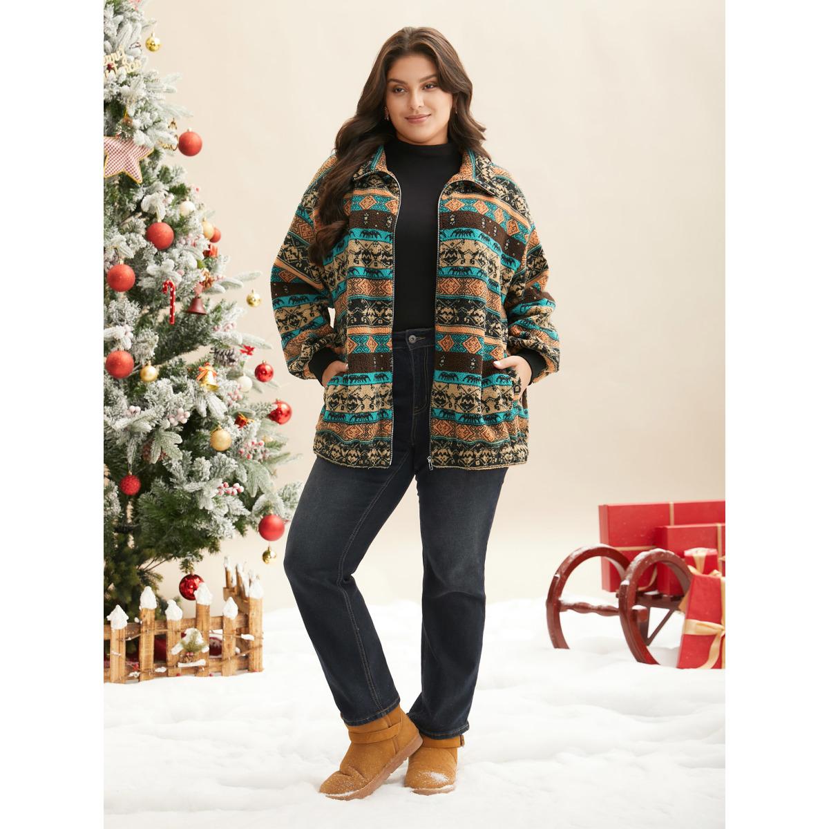 Plus Size Holiday Zipper Collared Jacket Women Multicolor Contrast Loose Slanted pocket Everyday Jackets BloomChic 14-16/1X Product Image