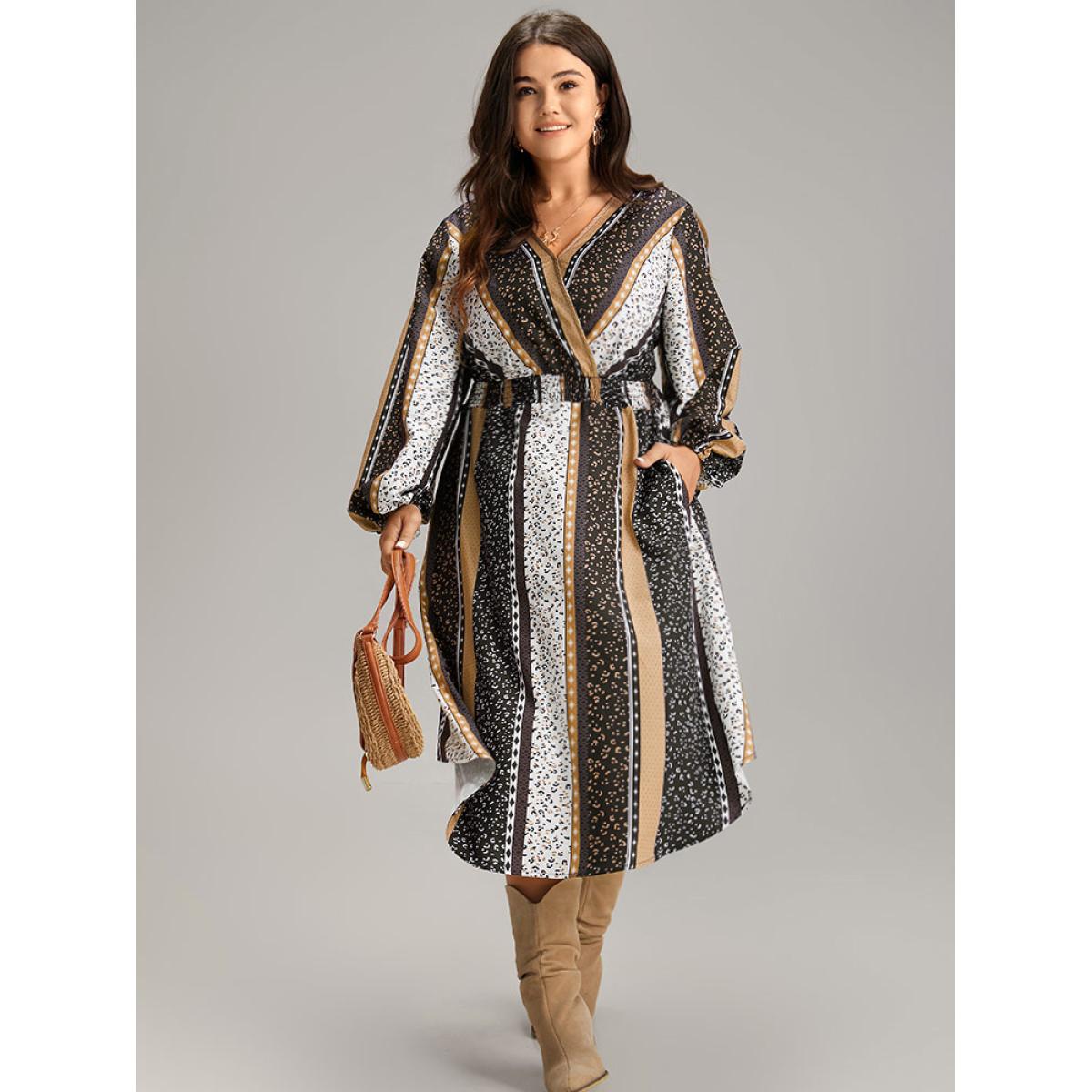 Plus Size Boho Print Striped Shirred Wrap Dress Leopard Women Vacation Elastic cuffs V-neck Long Sleeve Curvy Midi Dress BloomChic 22-24/3X Product Image