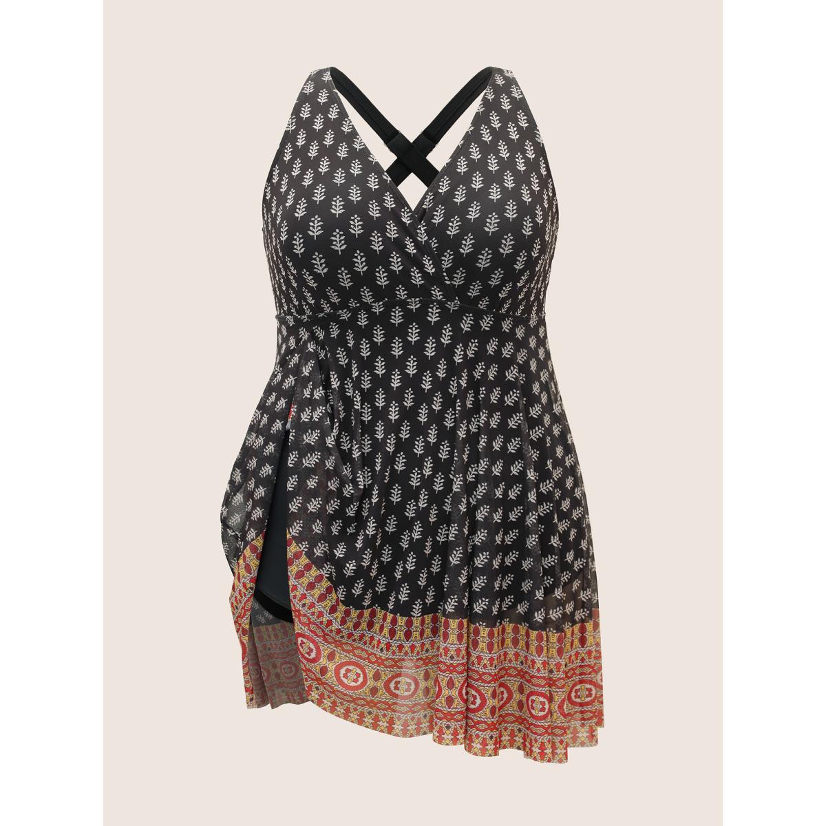 Plus Size Overlap Collar Boho Print Patchwork Swim Dress Women's Swimwear Black Beach Bodycon Overlap Collar High stretch Curve Swim Dresses BloomChic 18-20/2X Product Image