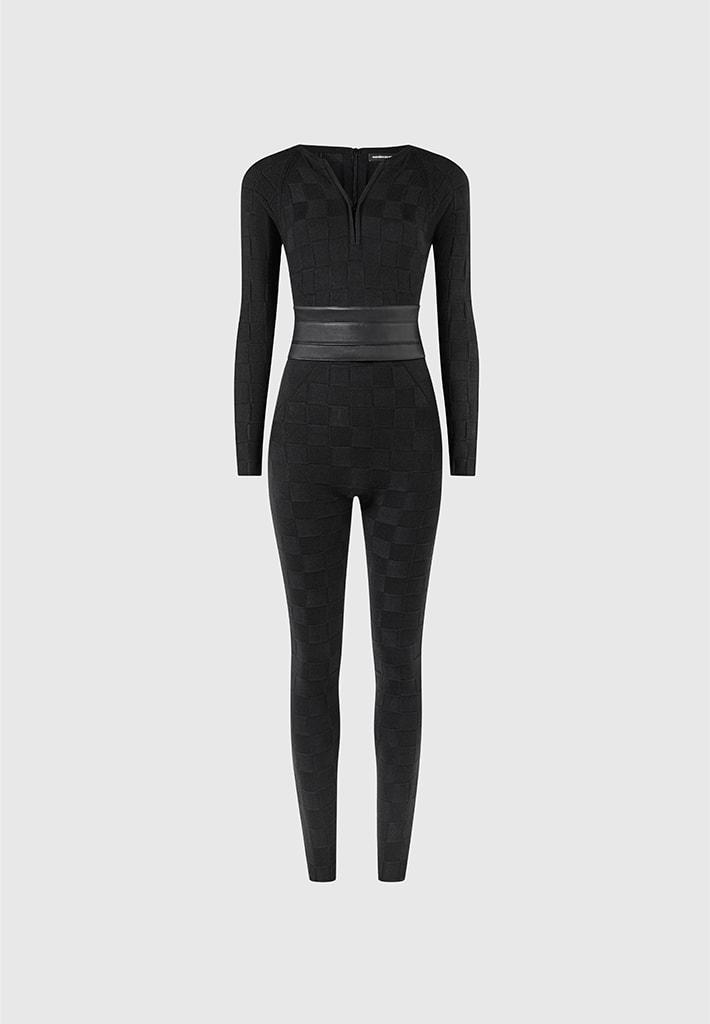 Chequerboard Knit Jumpsuit with Belt - Black Female Product Image