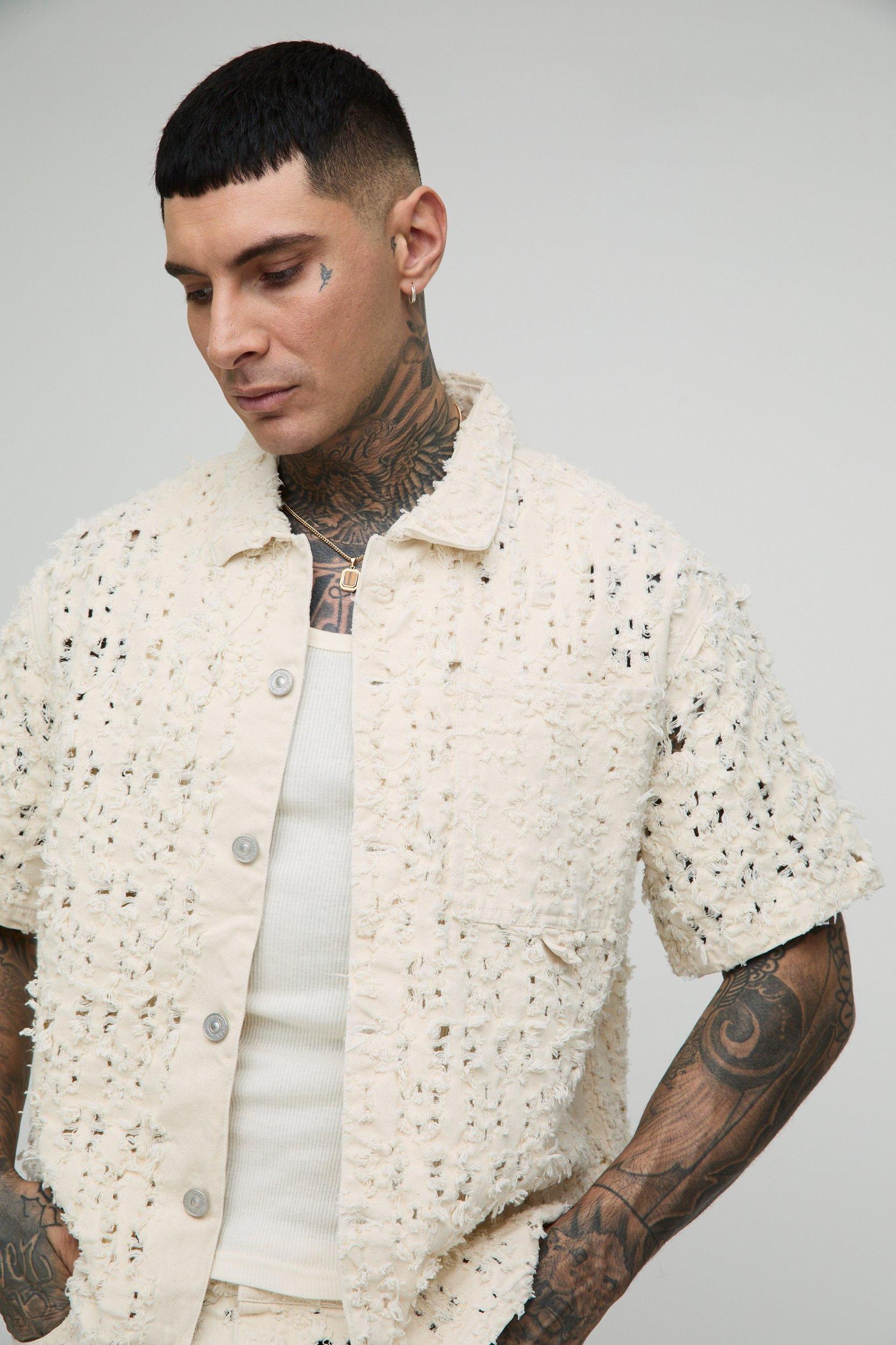 Tall Extreme Distressed Boxy Revere Shirt | boohooMAN USA Product Image