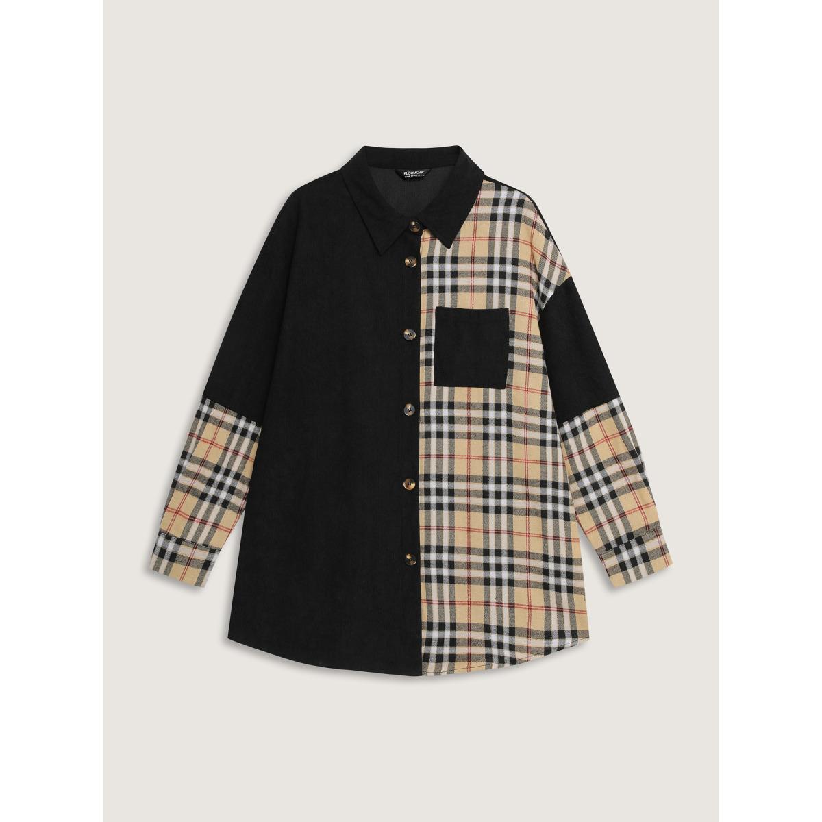 Plus Size Corduroy Plaid Print Contrast Jacket Women Black Texture Patch pocket Casual Jackets BloomChic 26/4X Product Image