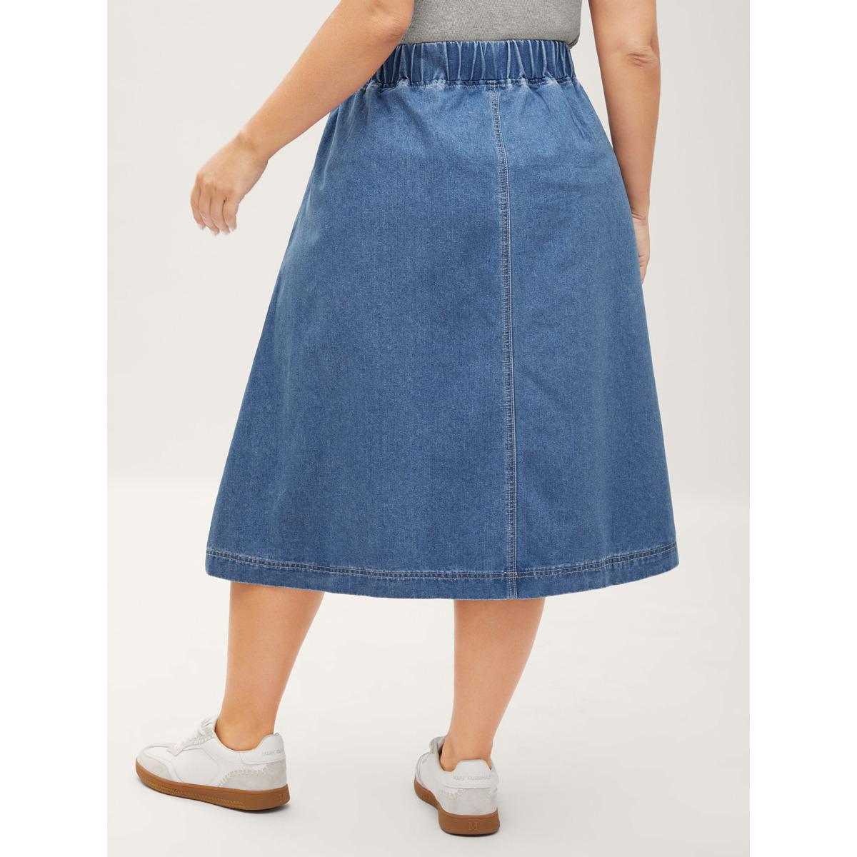 Plus Size Stretchy Waistband Pockets Denim Skirt Women Denimblue Everyday-Casual No stretch Medium Wash 30/6X Slanted pocket Denim Skirts BloomChic Product Image