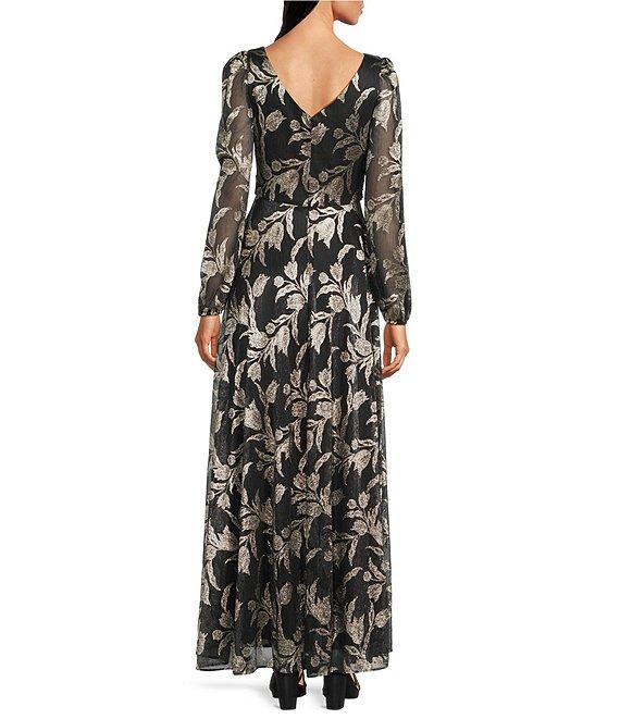 Betsy & Adam Metallic Crinkle Long-Sleeve V-Neck Floral A-Line Gown Product Image