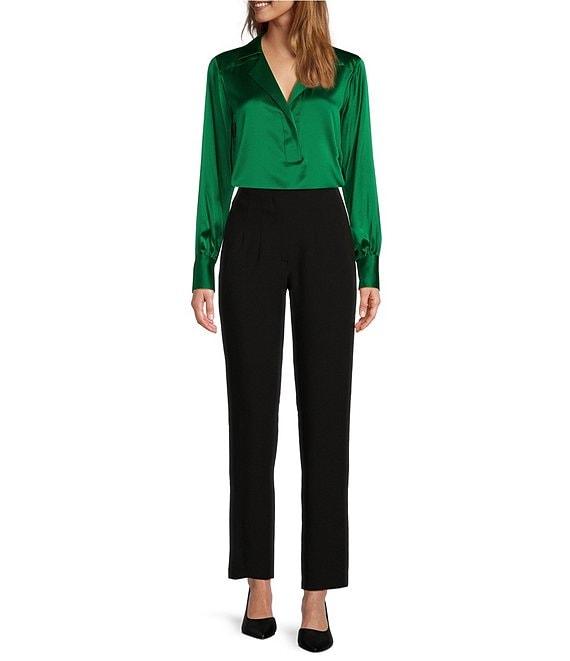 Antonio Melani Violet Silk Notch Collar V-Neck Long Blouson Sleeve Blouse Product Image