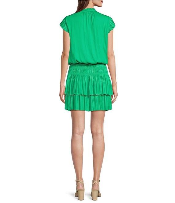 Current Air Ruffle Split Neck Flutter Sleeve Smocked Waist Mini Dress Product Image