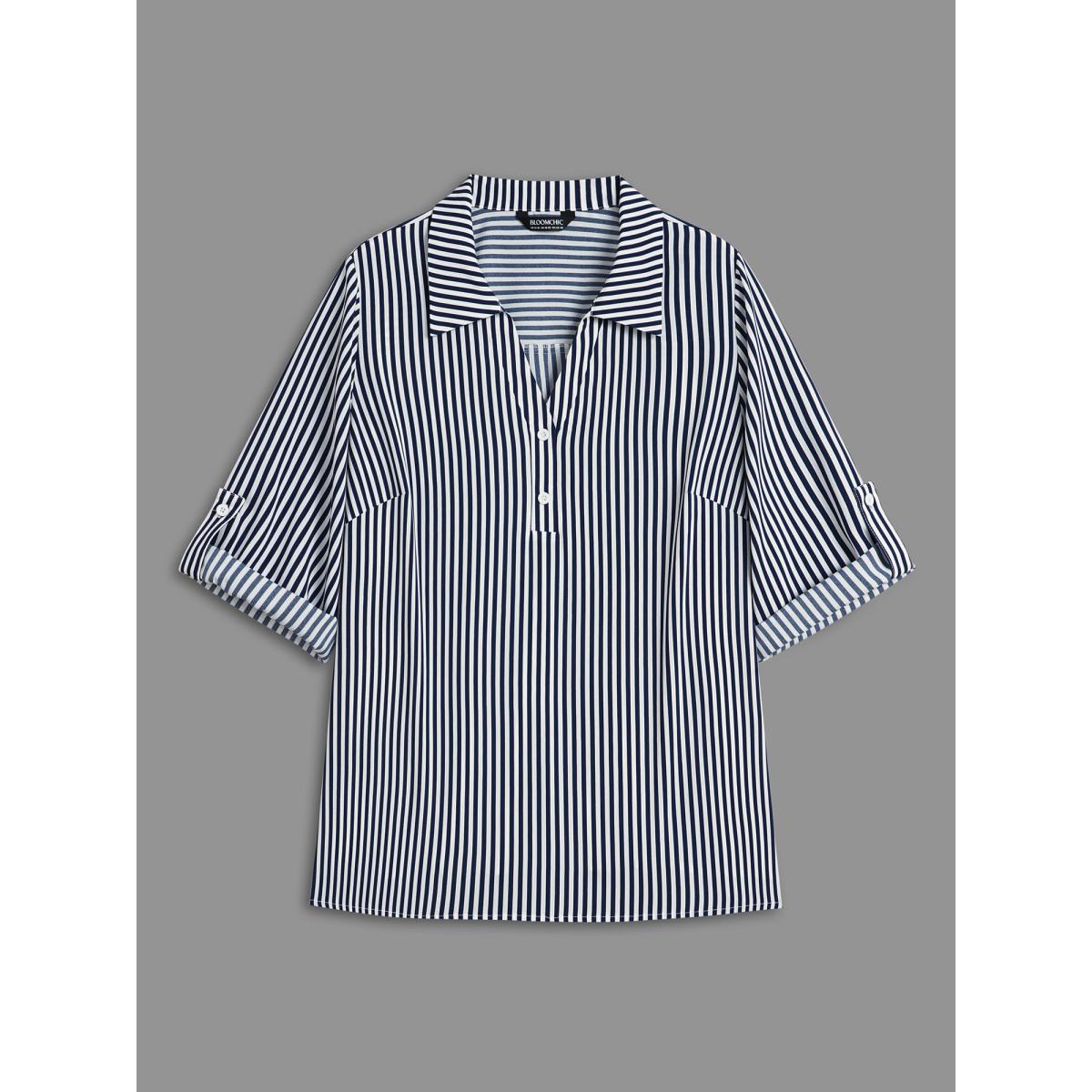 Plus Size Indigo Striped Button Cuff Sleeve Split Hem Blouse Women At the Office Elbow-length sleeve Shirt collar Work Blouses BloomChic 12/L Product Image