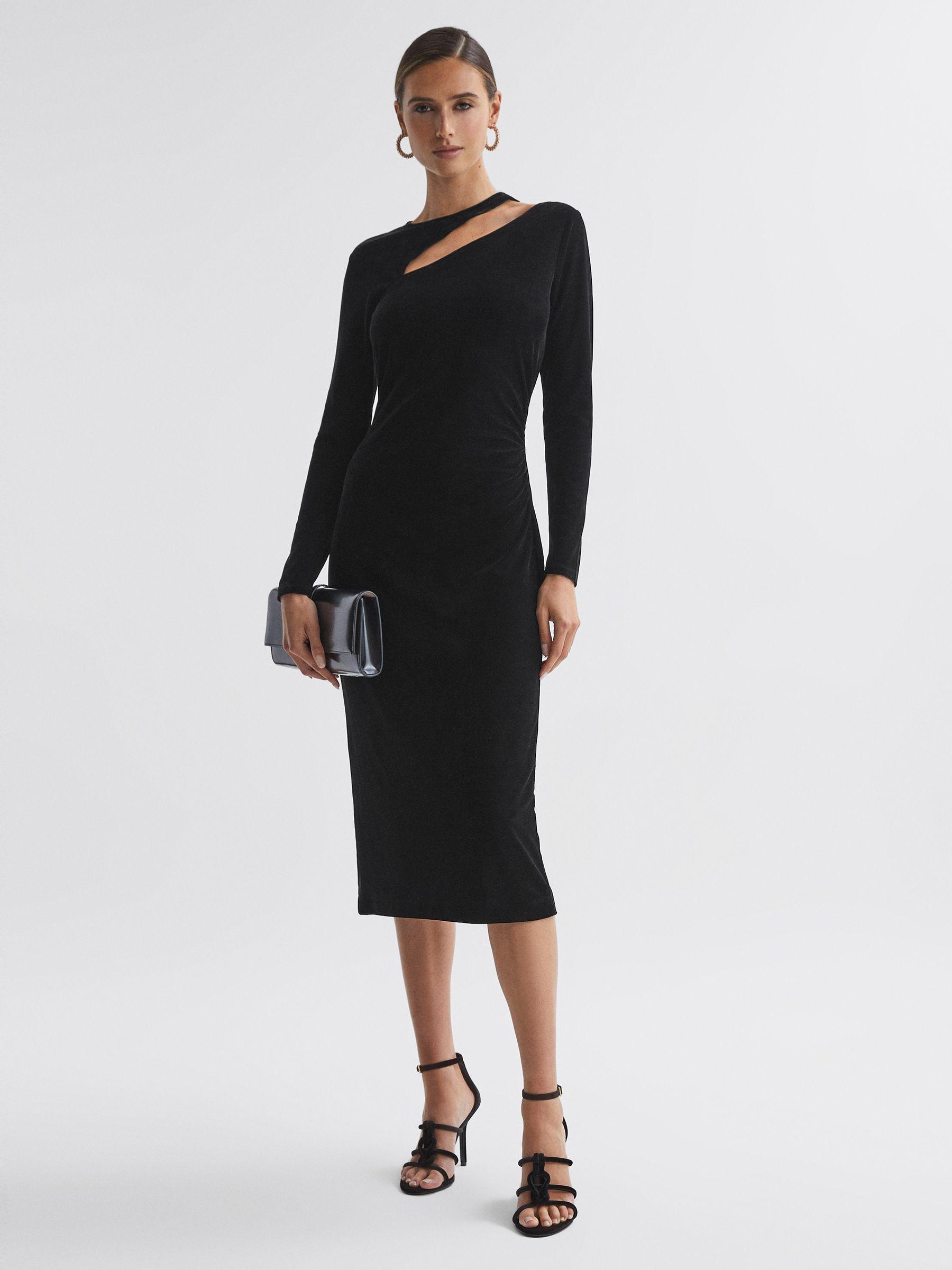 Petite Velvet Cut-Out Midi Dress in Black Product Image