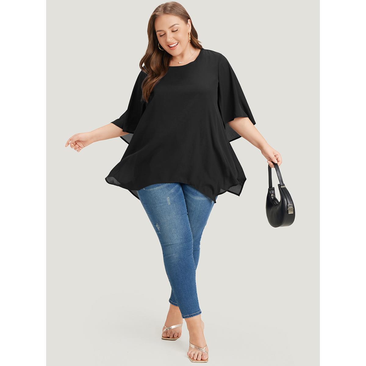 Plus Size Black Plain Mesh Flutter Sleeve Hanky Hem Blouse Women Office Elbow-length sleeve Round Neck Dailywear Blouses BloomChic 14-16/1X Product Image