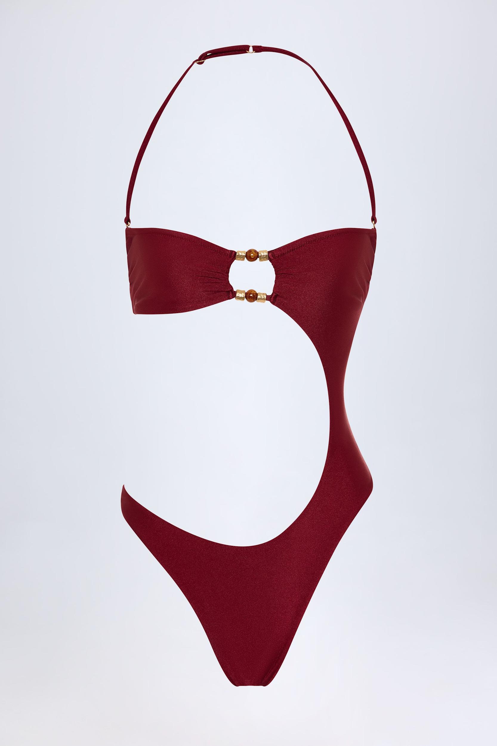 Bead-Embellished Cut-Out Bandeau Swimsuit in Dark Cherry Product Image