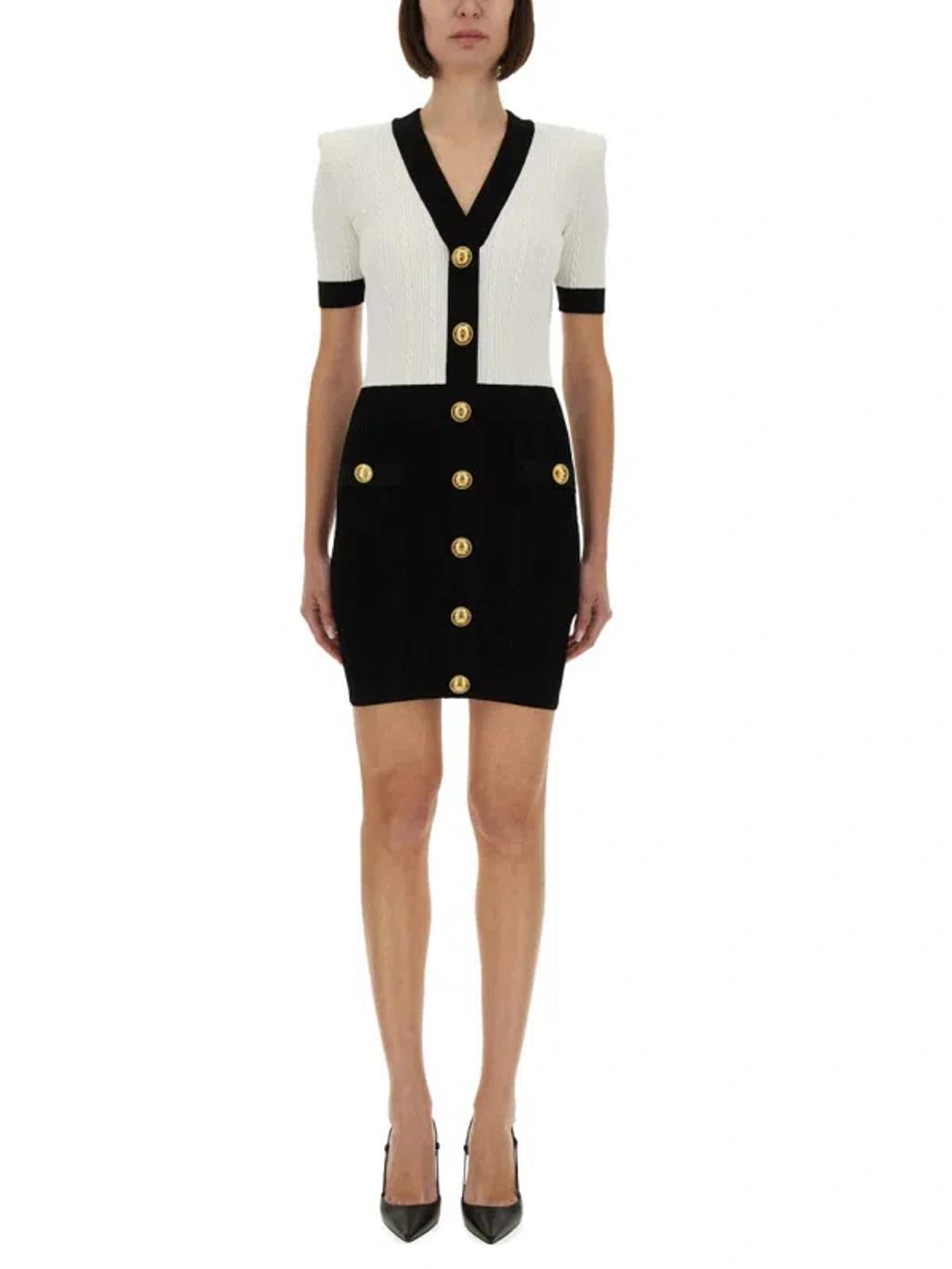 BALMAIN V-neck Buttoned Strong-shoulder Torsade Knit Mini Dress In White Product Image