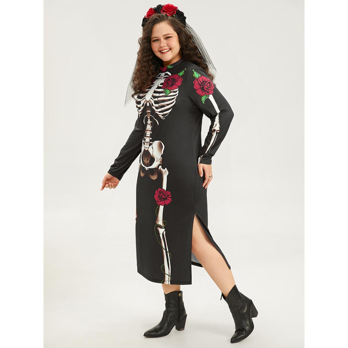 Plus Size Halloween Mock Neck Skull Print Split Hem Dress Black Women Casual Printed Mock Neck Long Sleeve Curvy Midi Dress BloomChic 18-20/2X Product Image