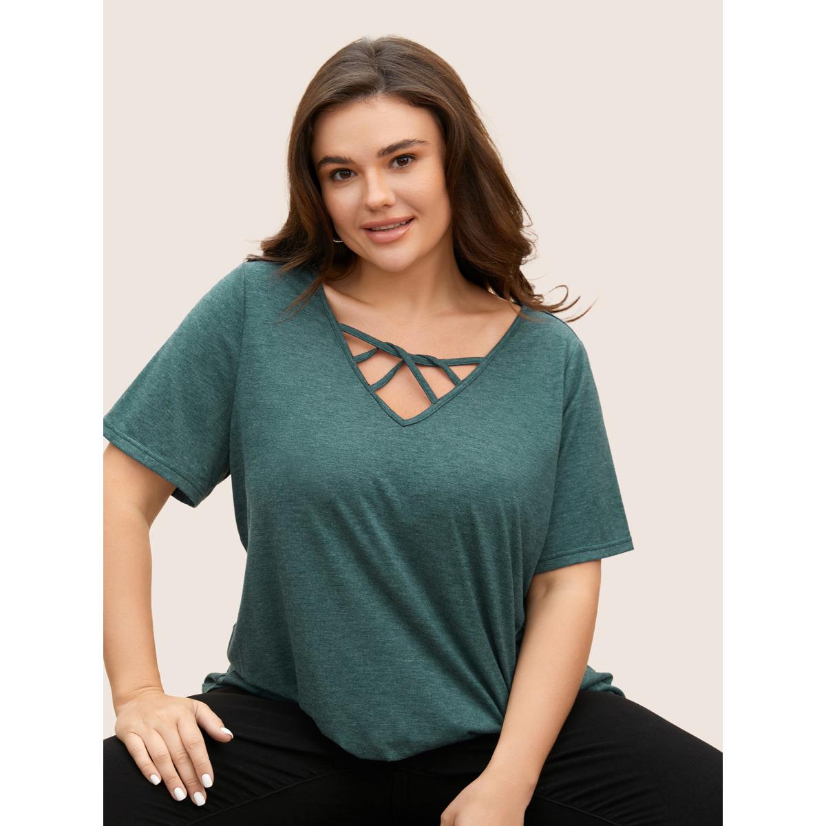 Plus Size Solid Heather Crisscross Medium Stretch T-shirt DarkGreen Women Casual Cut-Out V-neck Everyday T-shirts BloomChic 18-20/2X Product Image