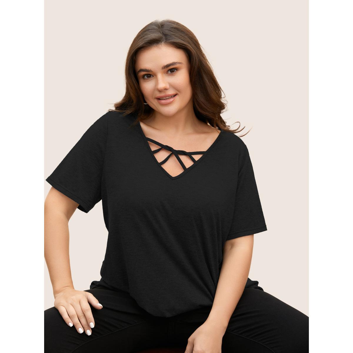 Plus Size Solid Heather Crisscross Medium Stretch T-shirt Black Women Casual Cut-Out V-neck Everyday T-shirts BloomChic 12/L Product Image