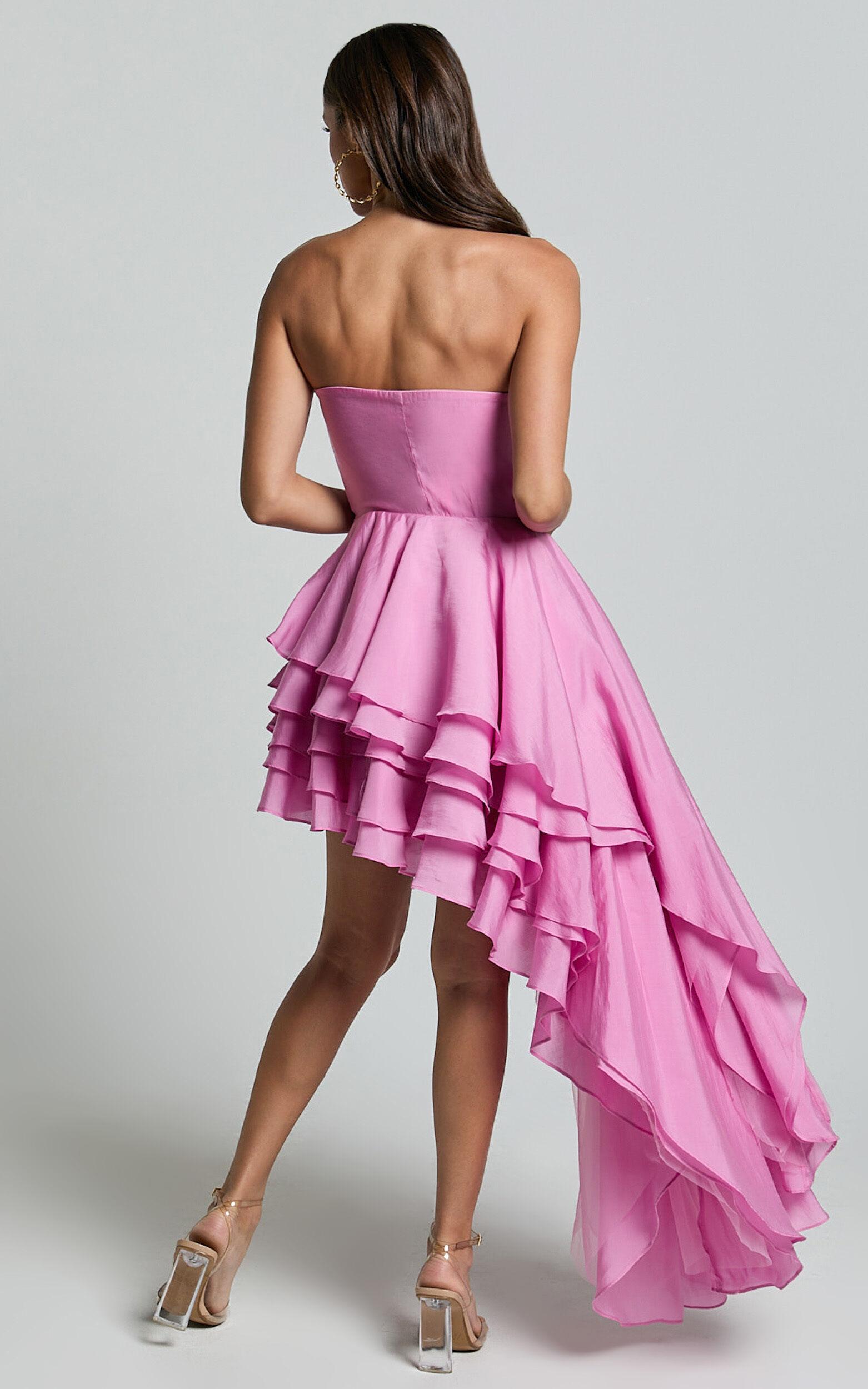 Amalie The Label - Everly Strapless Asymmetrical Tiered Mini Dress in Pink Product Image