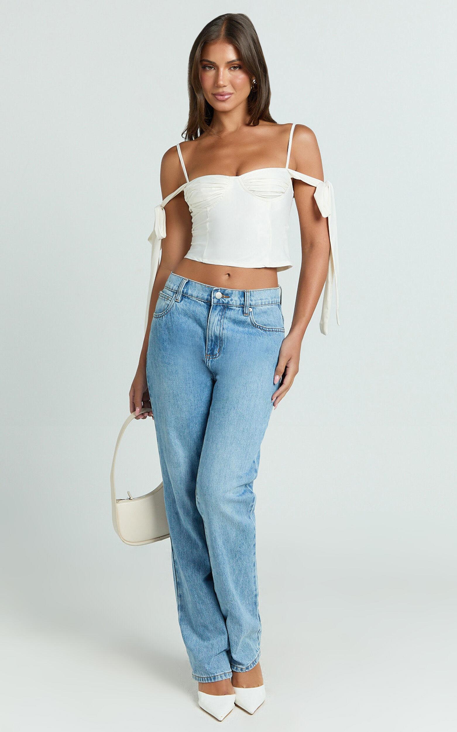 Elsa Top - Tie Shoulder Ruched Bust Bias Cut Top in Ivory Product Image