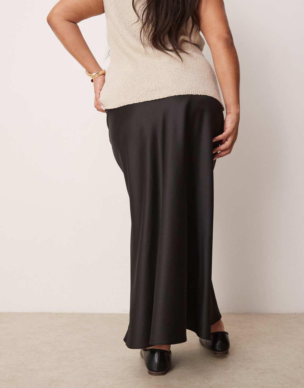 ASOS DESIGN Curve satin bias midi skirt in black Product Image