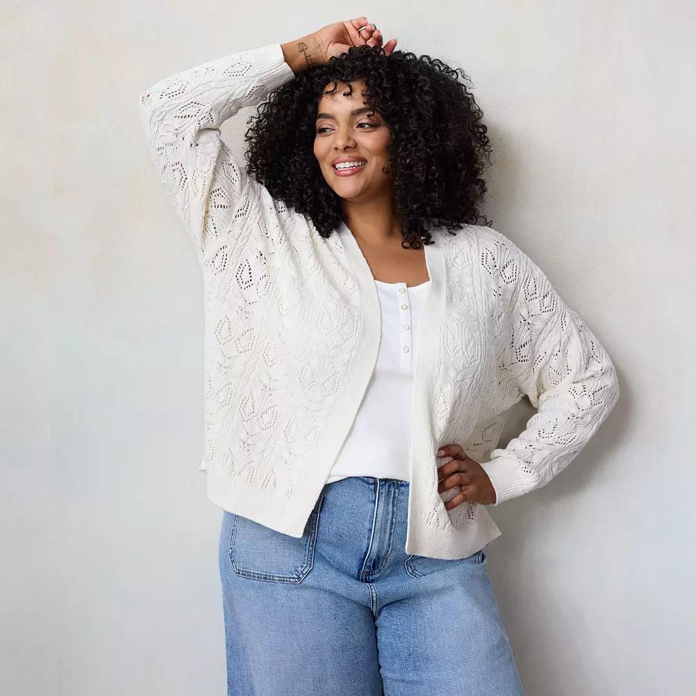 Plus Size LC Lauren Conrad Open Front Pointelle Stitch Cardigan, Women's, Size: 2XL, Ivory Silk Product Image