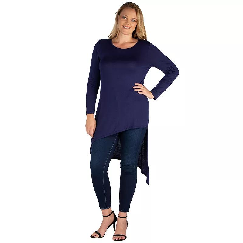 Plus Size 24Seven Comfort Apparel Long Sleeve Knee Length Asymmetrical Tunic Top, Womens Purple Product Image