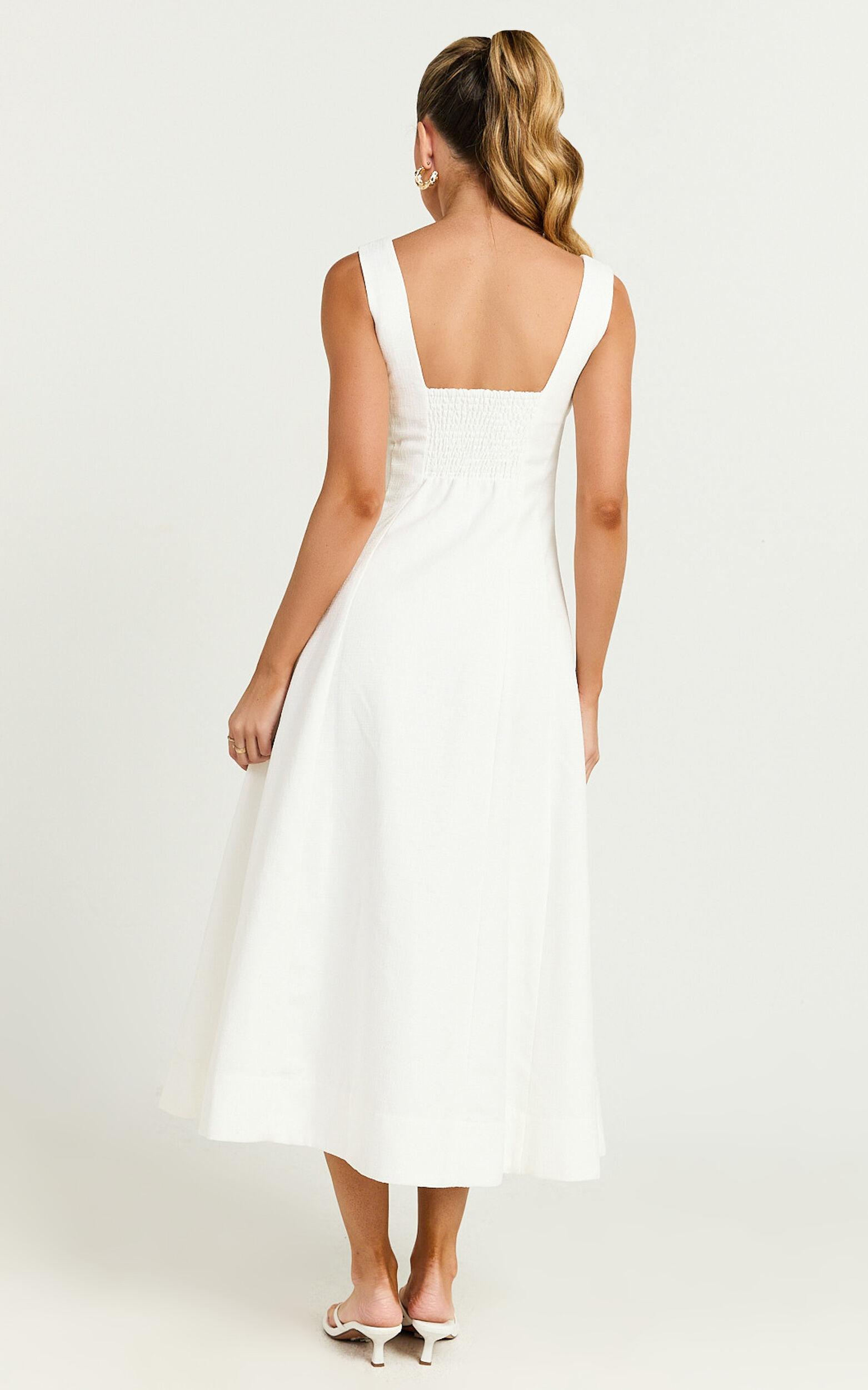 Walters Midi Dress - Square Neck Shirred Back Fit and Flare Panel Dress in White Product Image