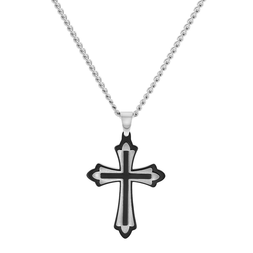 Steel Nation Men's Black Ion-Plated Stainless Steel Ornate Cross Pendant Necklace, Size: 24", Two Tone Product Image