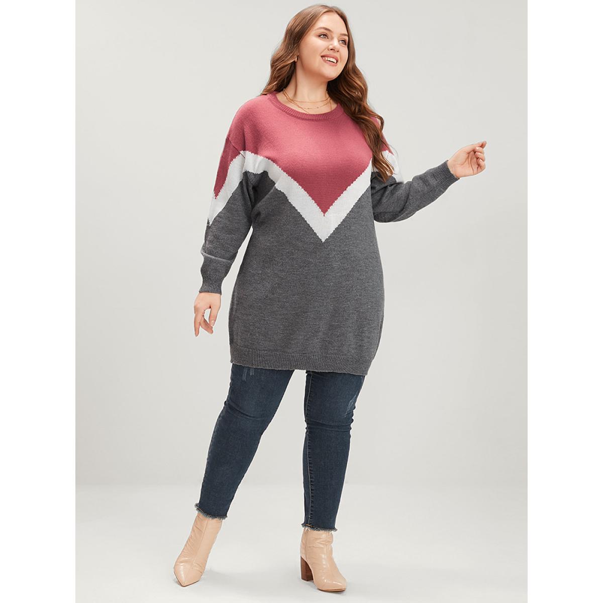 Plus Size Colorblock Contrast Pointelle Knit Round Neck Mid Long Knit Top Burgundy Women Casual Loose Long Sleeve Round Neck Everyday Pullovers BloomChic 26/4X Product Image