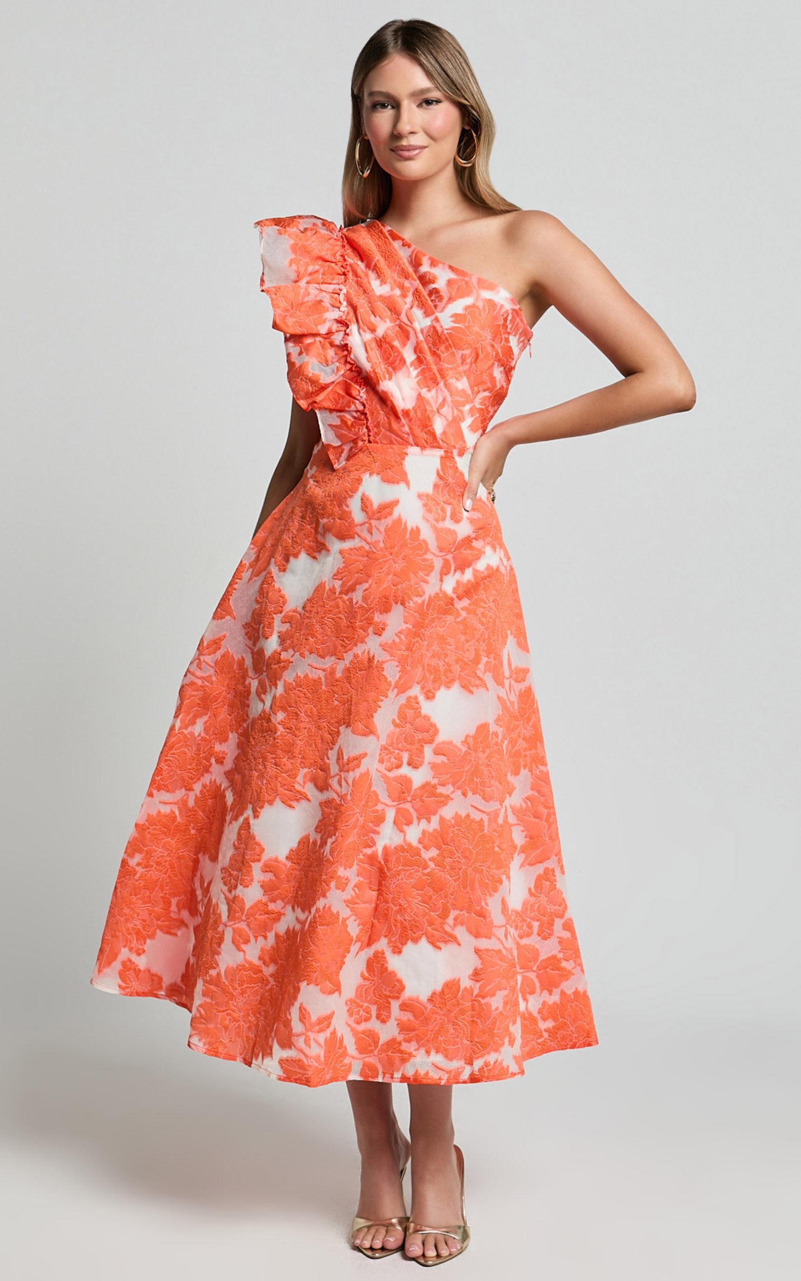 Alfreda Midi Dress - One Shoulder Ruffle Detail Brailey Jacquard Dress in Orange Jacquard Product Image