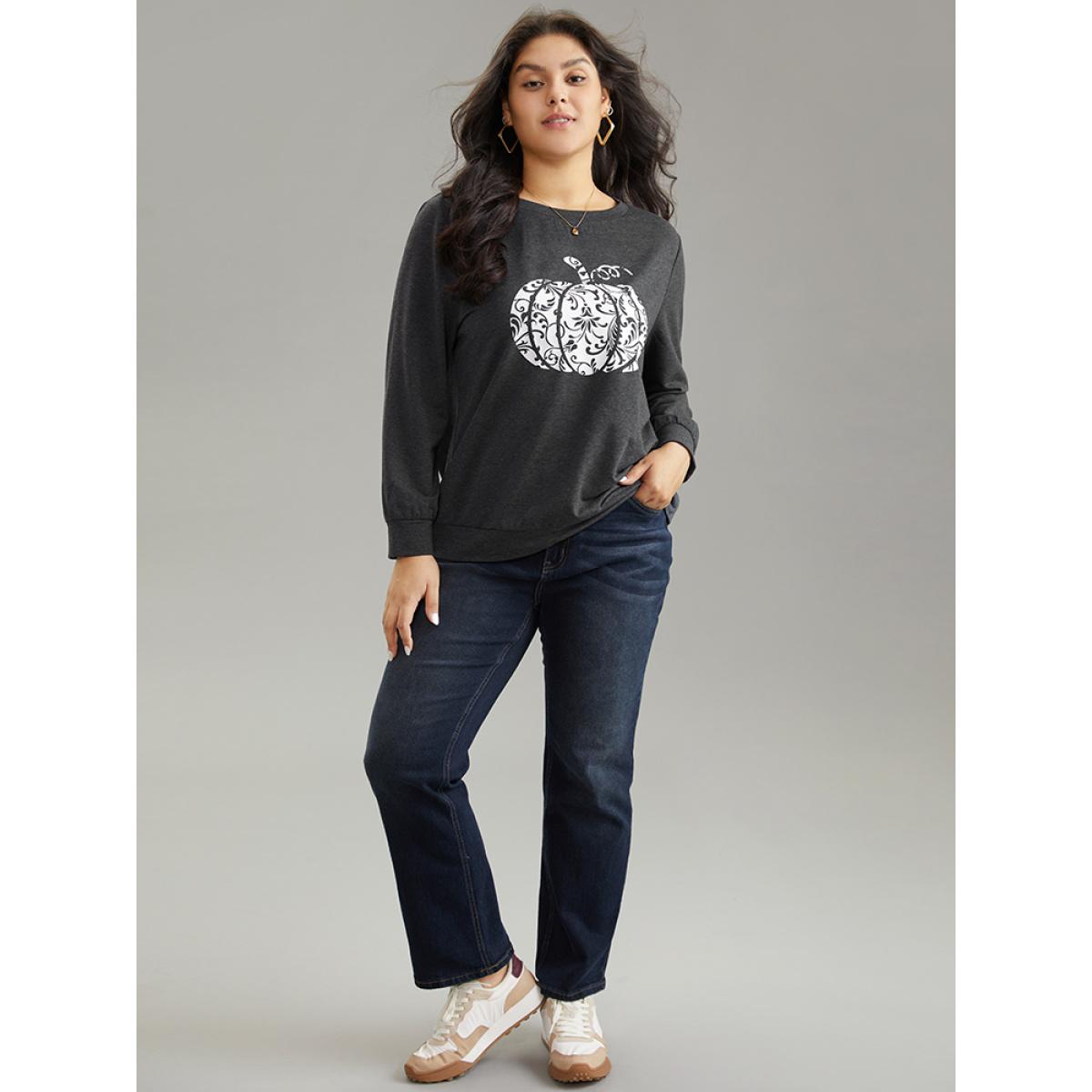Plus Size Pumpkin Print Crew Neck Knit Sweatshirt Women DimGray Casual Printed Dailywear Sweatshirts BloomChic 30/6X Product Image