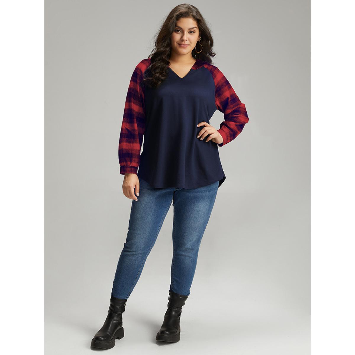 Plus Size Plaid Print Hooded Patchwork Sweatshirt Women Midnight Casual Patchwork Hooded Everyday Sweatshirts BloomChic 18-20/2X Product Image