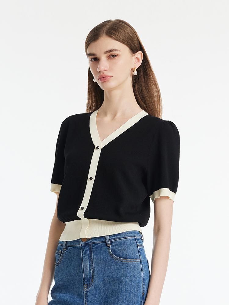 Tencel Contrast Trim V-Neck Women Knit Top With Detachable 3D Flower Product Image