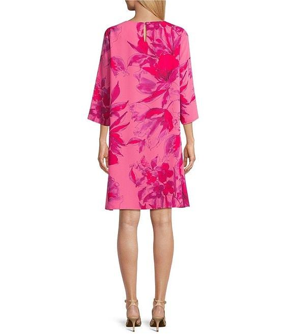 Caroline Rose Flower Splash Print Round Neck 3/4 Sleeve Dress Product Image