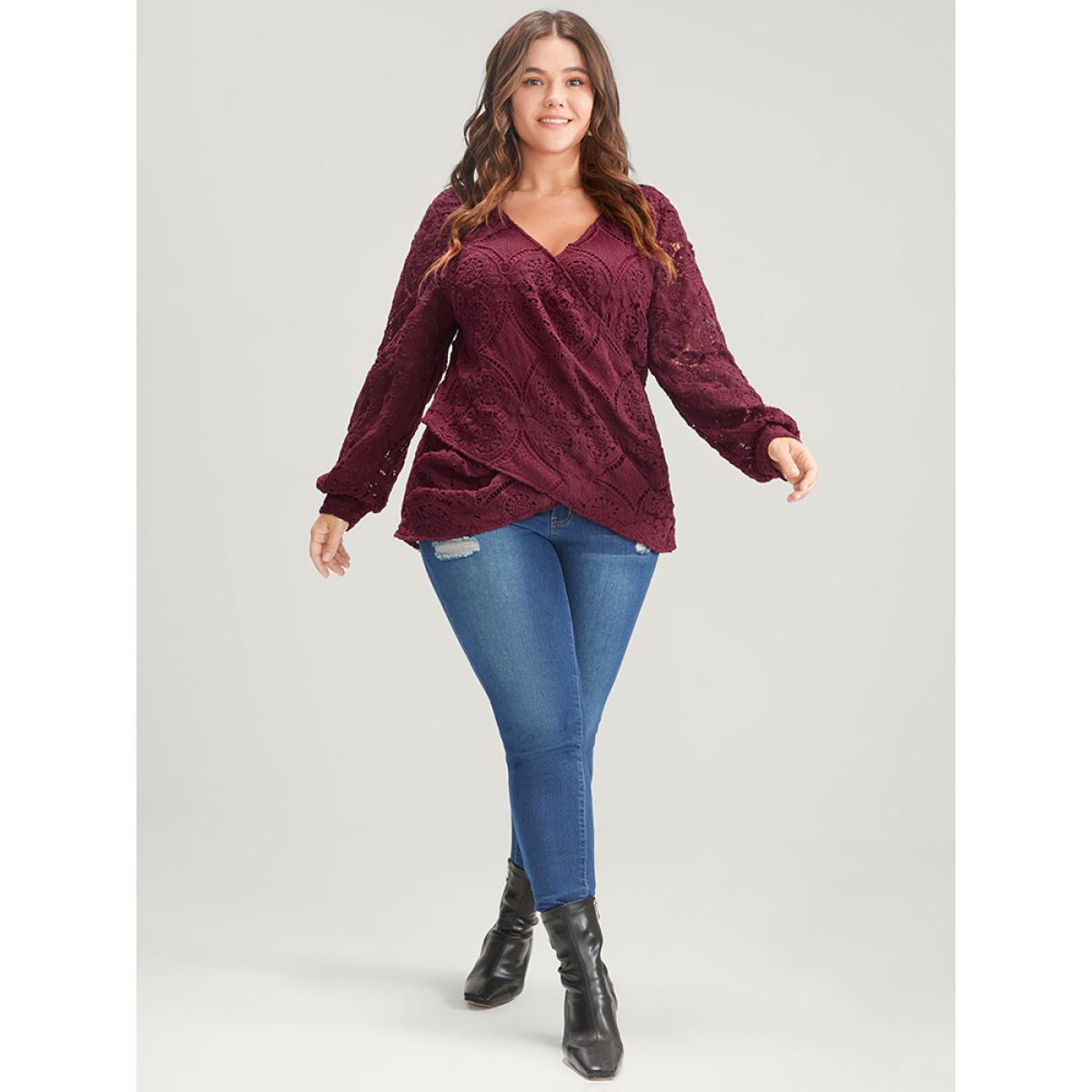 Plus Size Burgundy Solid Crossover Hem Lace Blouse Women Glamour Long Sleeve V-neck Going out Blouses BloomChic 14-16/1X Product Image